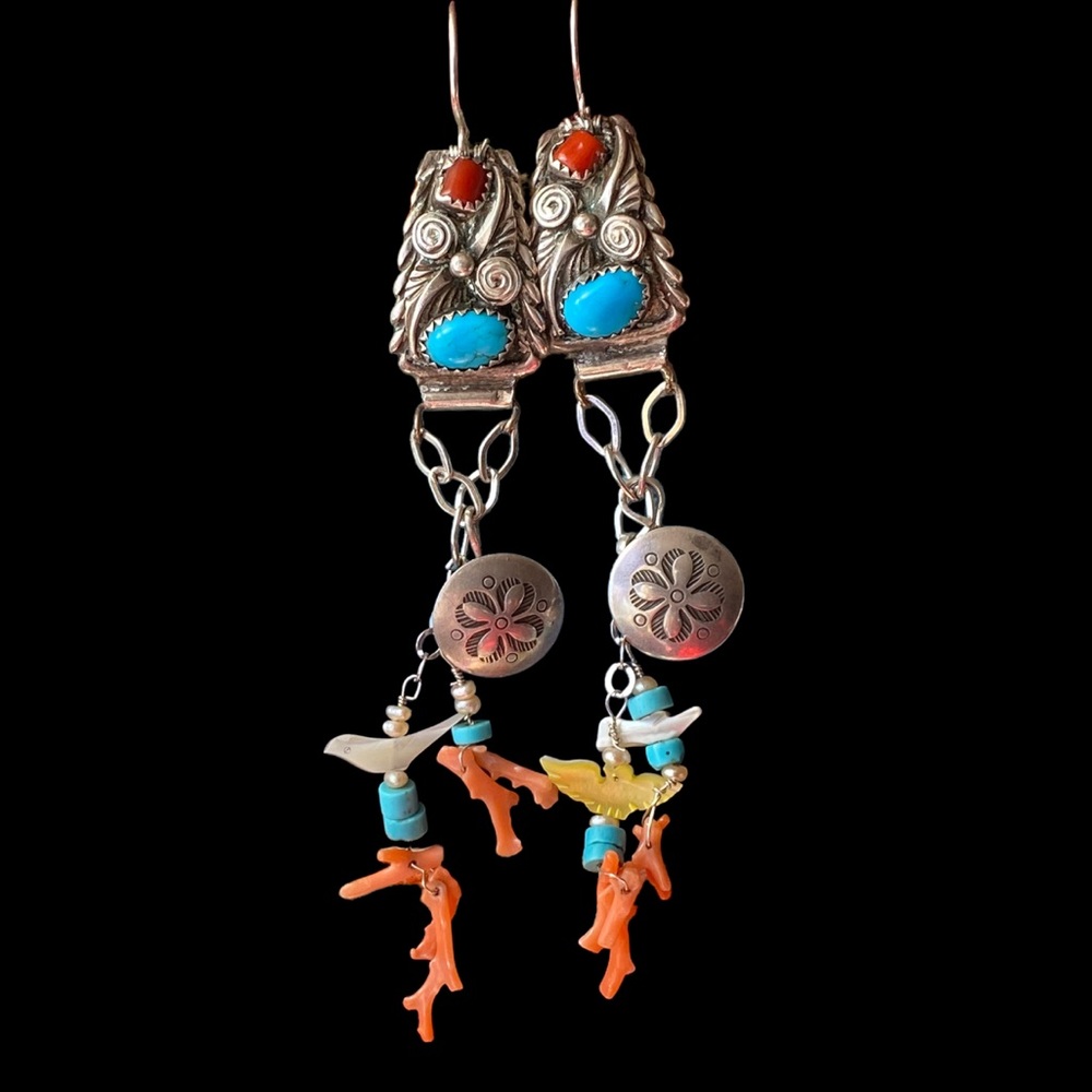 Sterling Silver Southwestern Turquoise Coral MOP Bird Dangle earrings